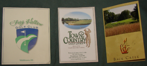 Frog Hollow, Back Creek, Town & Country Scorecard covers.