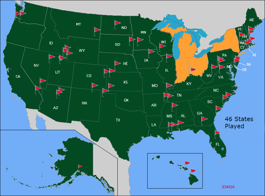 map of USA with states played and approximate location of courses indicated by a flag.