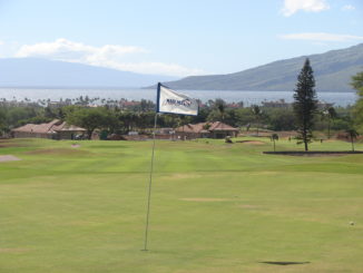 View from the 13th green at Maui Nui Golf Club, looking back down the fariway to Maalaea Bay