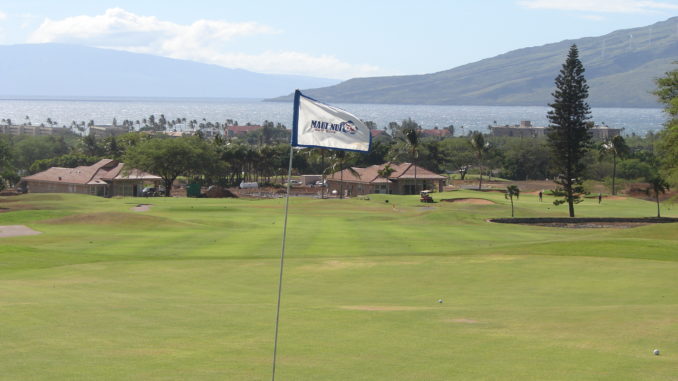 View from the 13th green at Maui Nui Golf Club, looking back down the fariway to Maalaea Bay