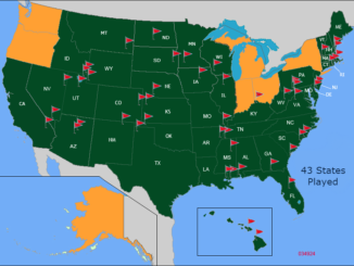 Map of USA which indicates the 43 states played so far.