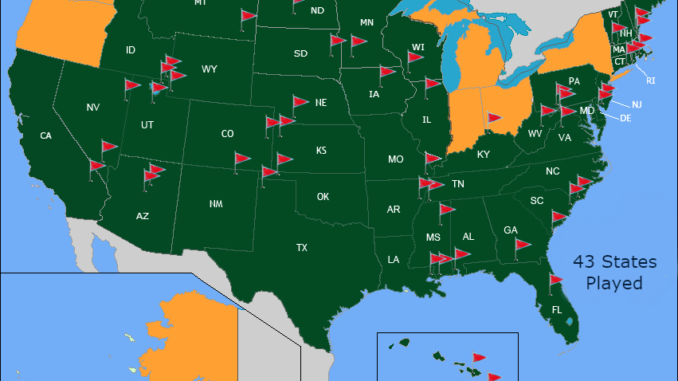 Map of USA which indicates the 43 states played so far.