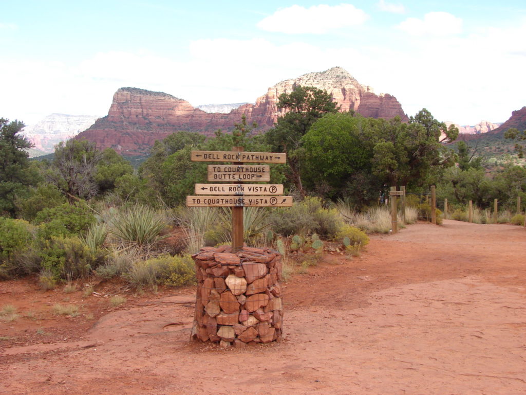 Sign post for various hiking trails at Bell Rock