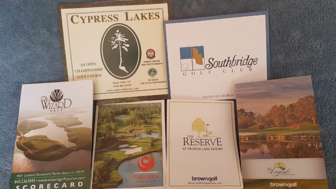 Scorecards from Cypress Lakes, Southbridge, Aberdeen, the Wizard, The Legends and the Reserve at Orange Lake